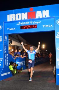 Dr. Gabel crosses the finish line during a recent Arizona Ironman competition.